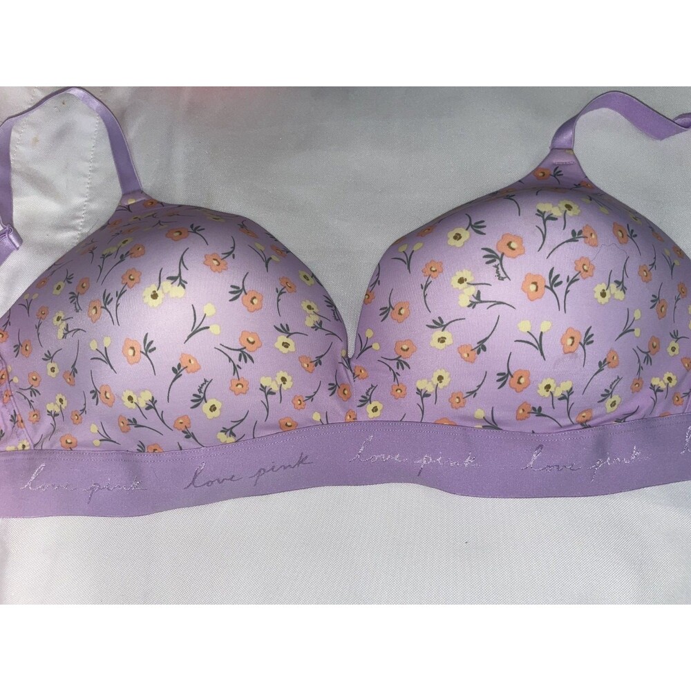 VICTORIA SECRET PINK BRA 38DD Wireless Push up wear everywhere purple floral